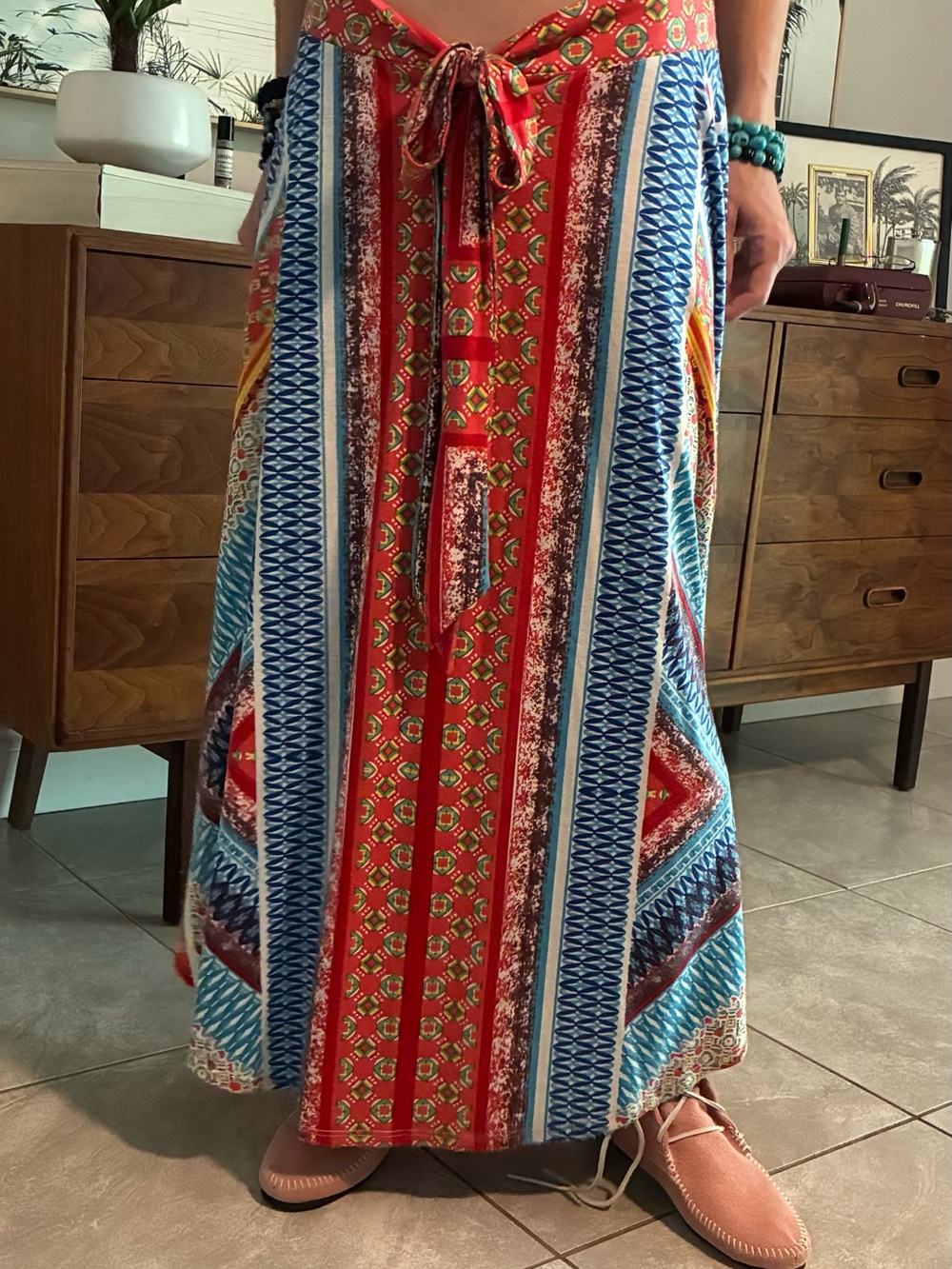 Bohemian Red & Blue Striped Maxi Skirt